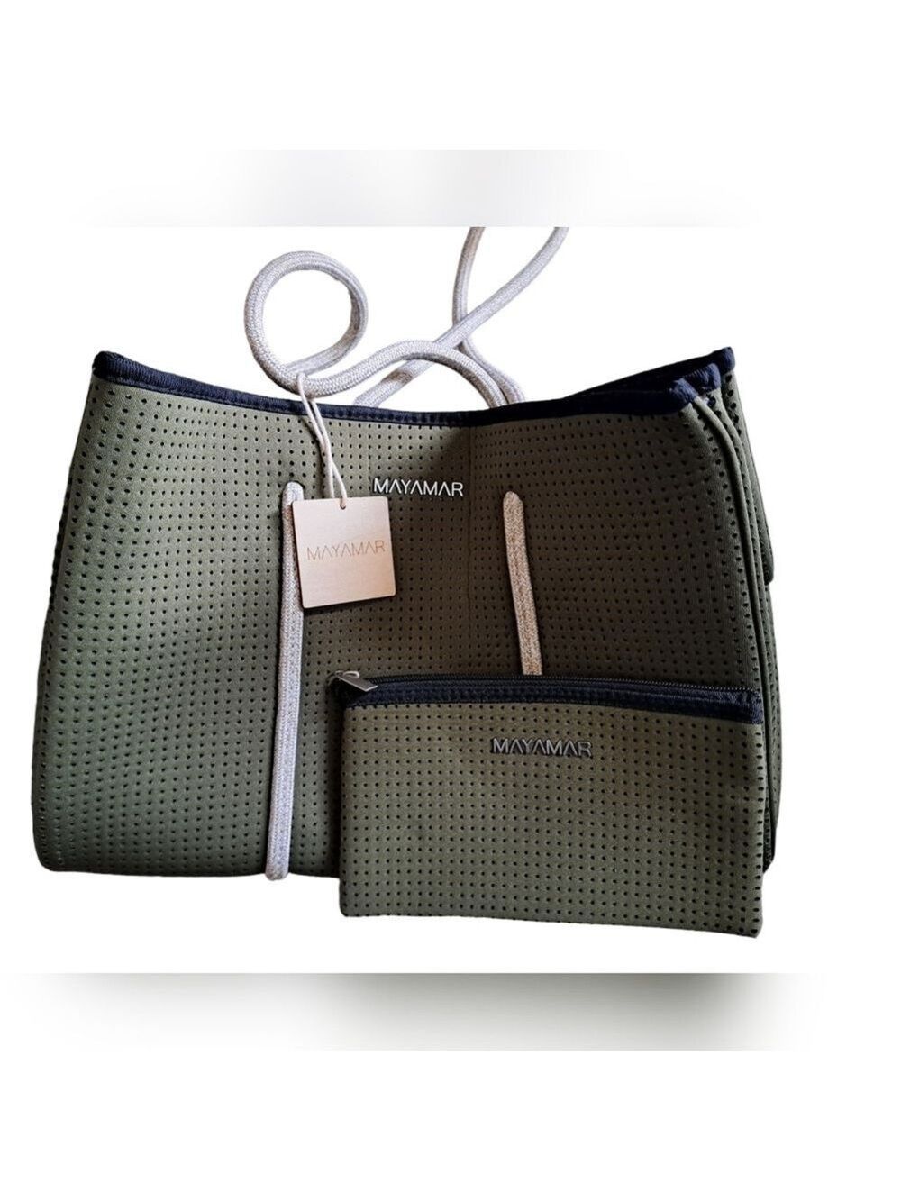 MAYAMAR neoprene perforated army green tote beach bag cosmetic case rope handles